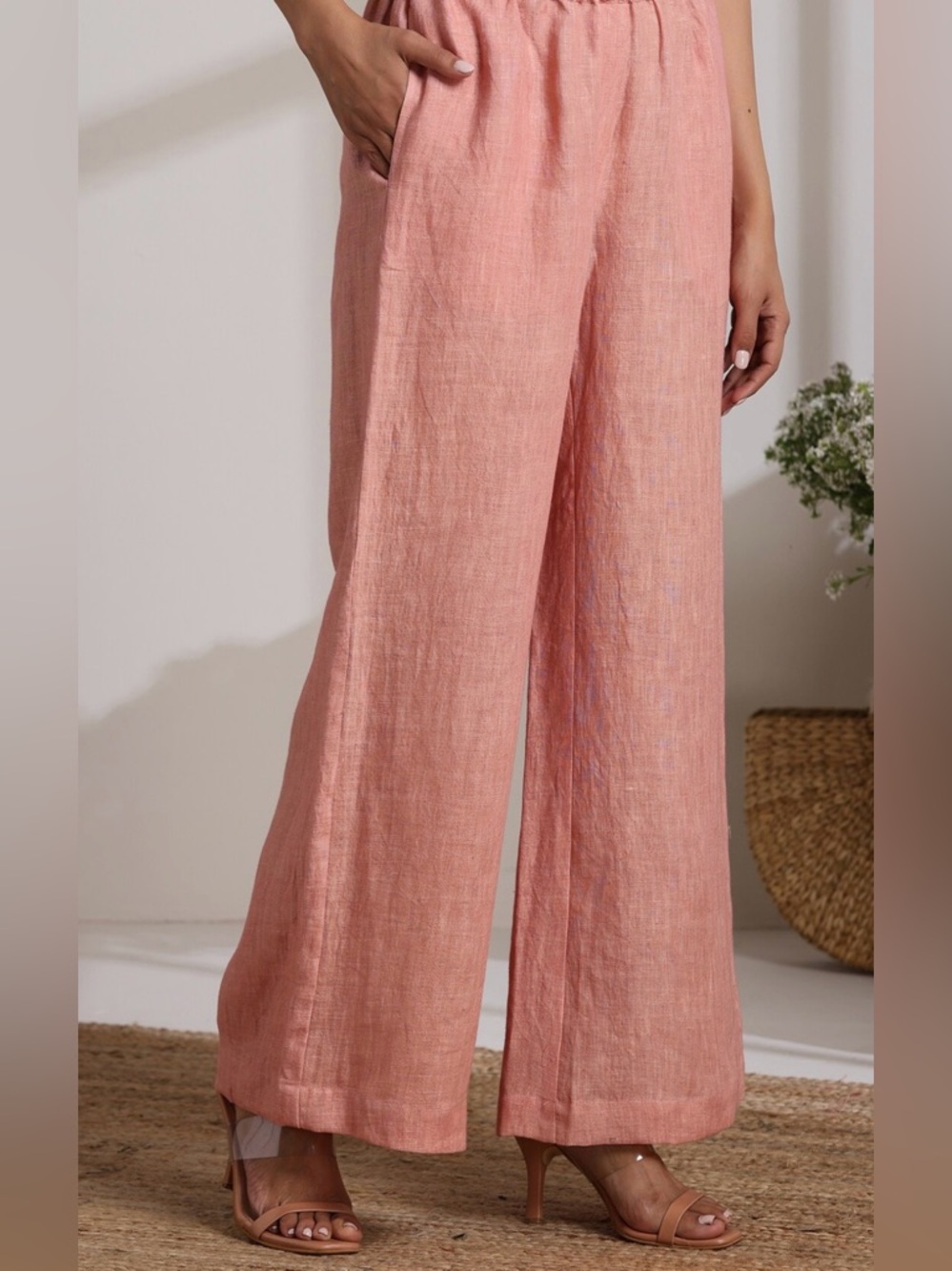 Tahari Dusty Rose Wide-Leg Linen-Blend Pants